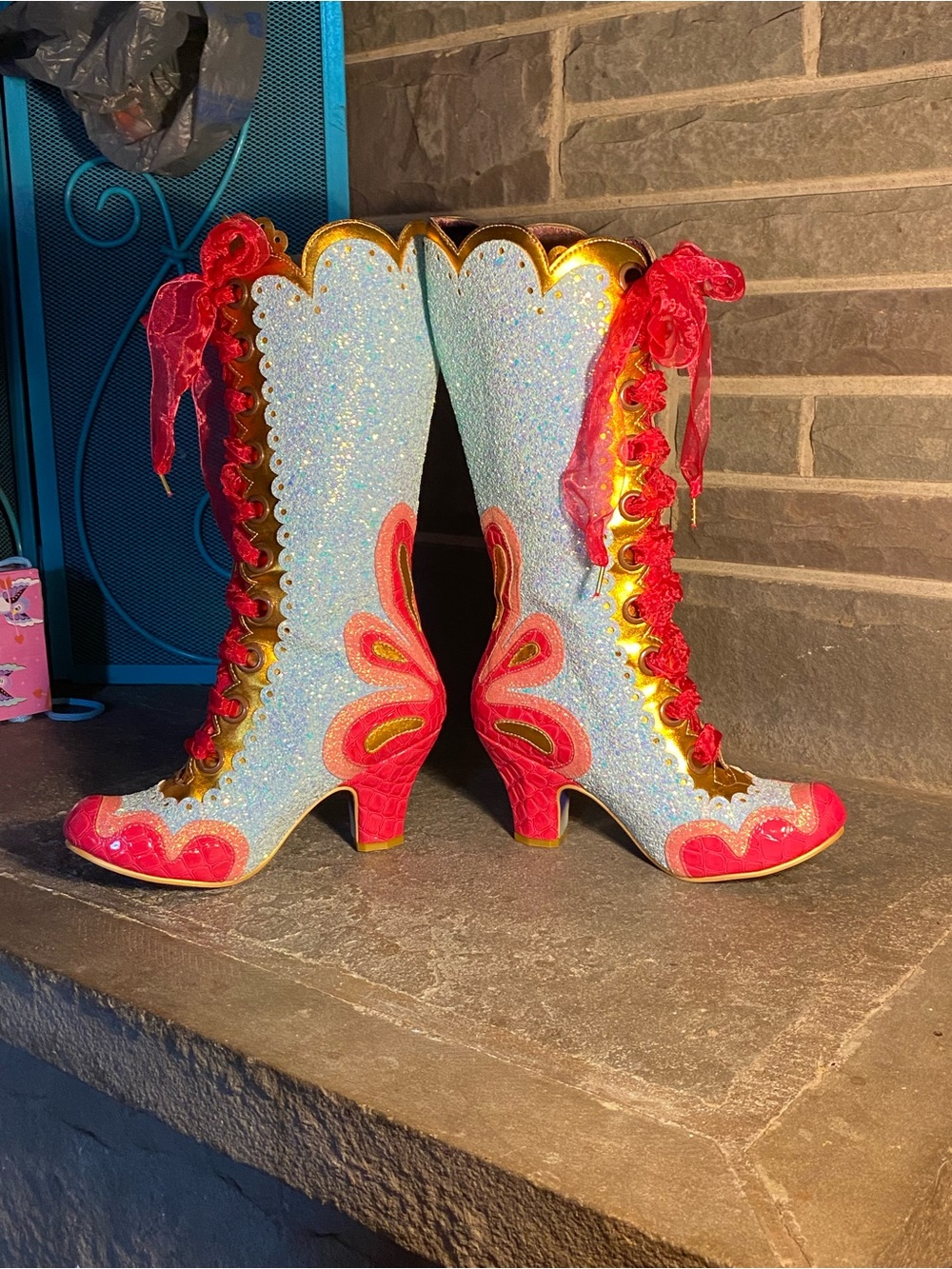 Irregular Choice sparkly Can-Can boots,hot pink patent,sky blue glitter,ribbon - Picture 7 of 16